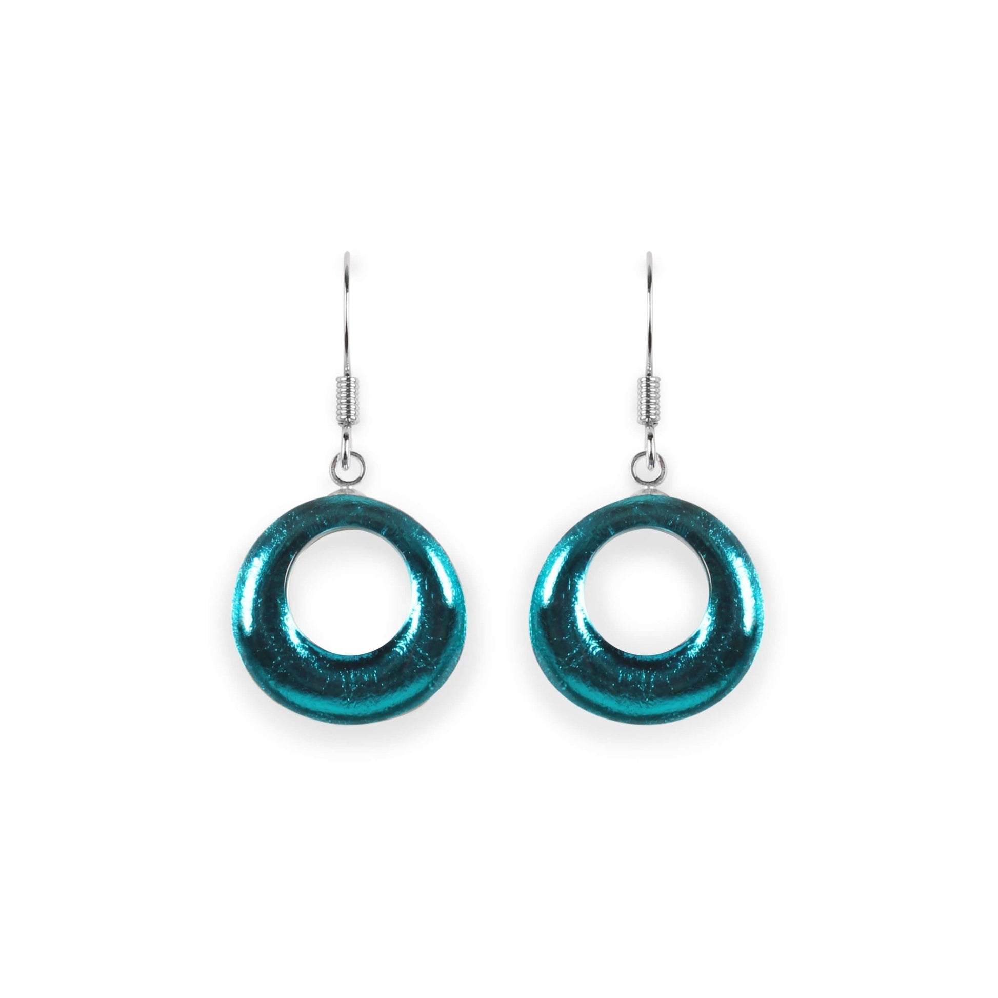 Teal Hollow Circles Shiny Fish Hook Earrings | The Jewellery Stop