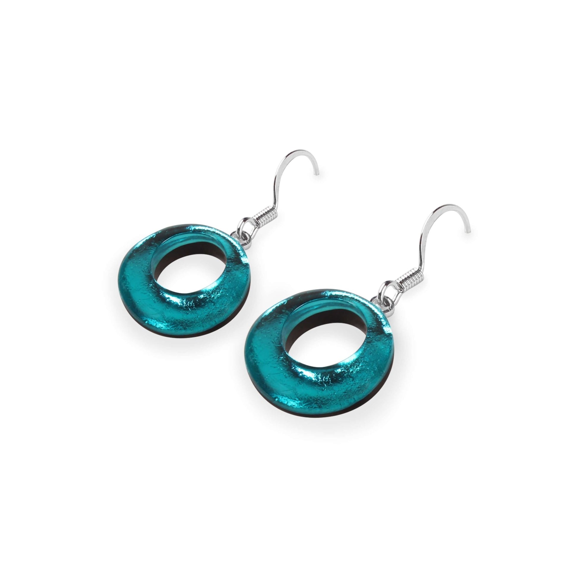 Teal Hollow Circles Shiny Fish Hook Earrings | The Jewellery Stop