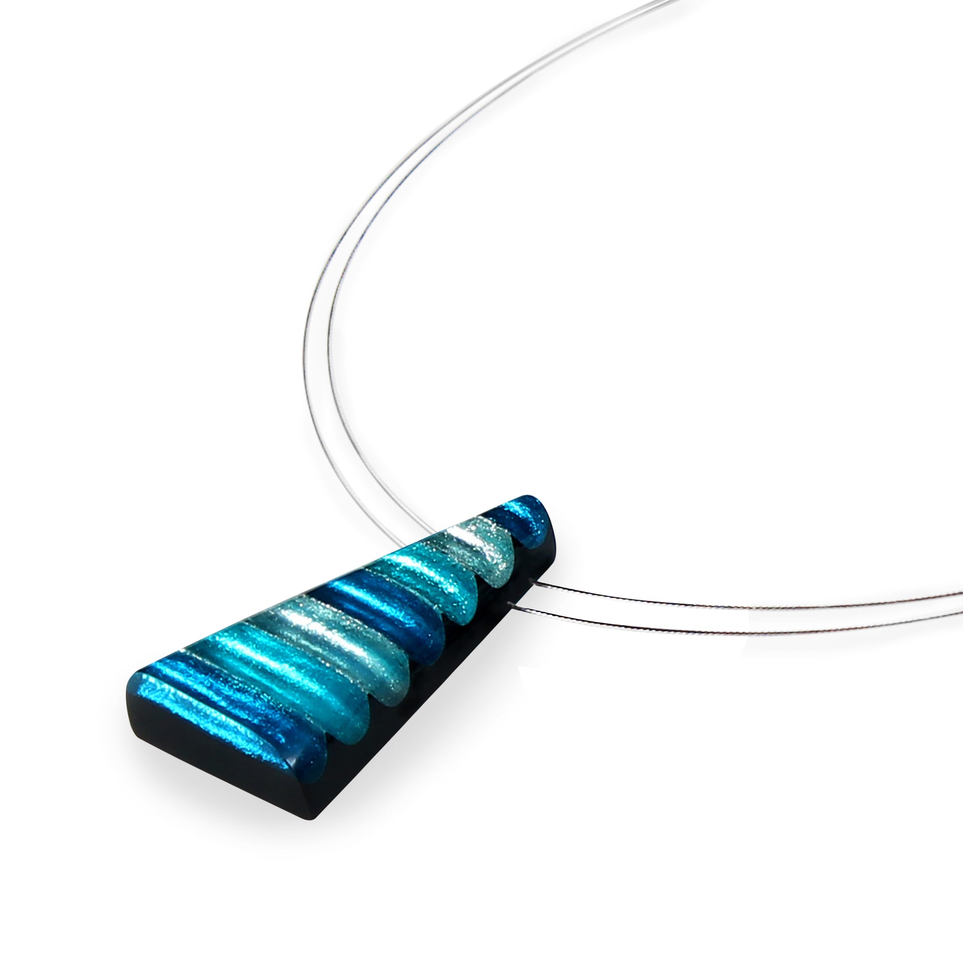 Teal Triangle Stripes Shiny Pendant on two strand wire