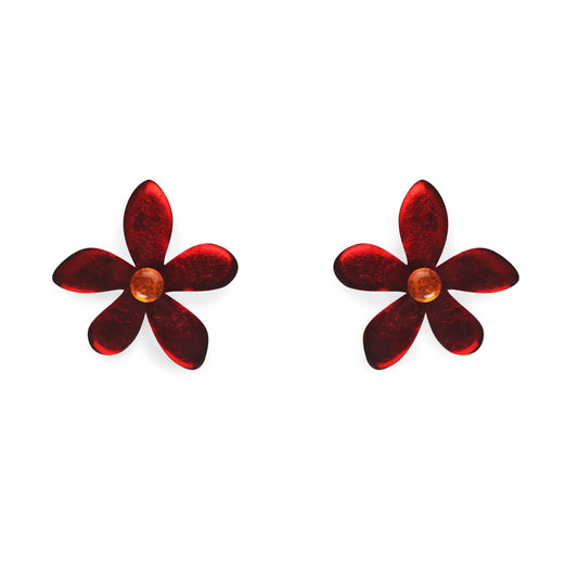 Red Flower Shiny Stud Earrings | The Jewellery Stop