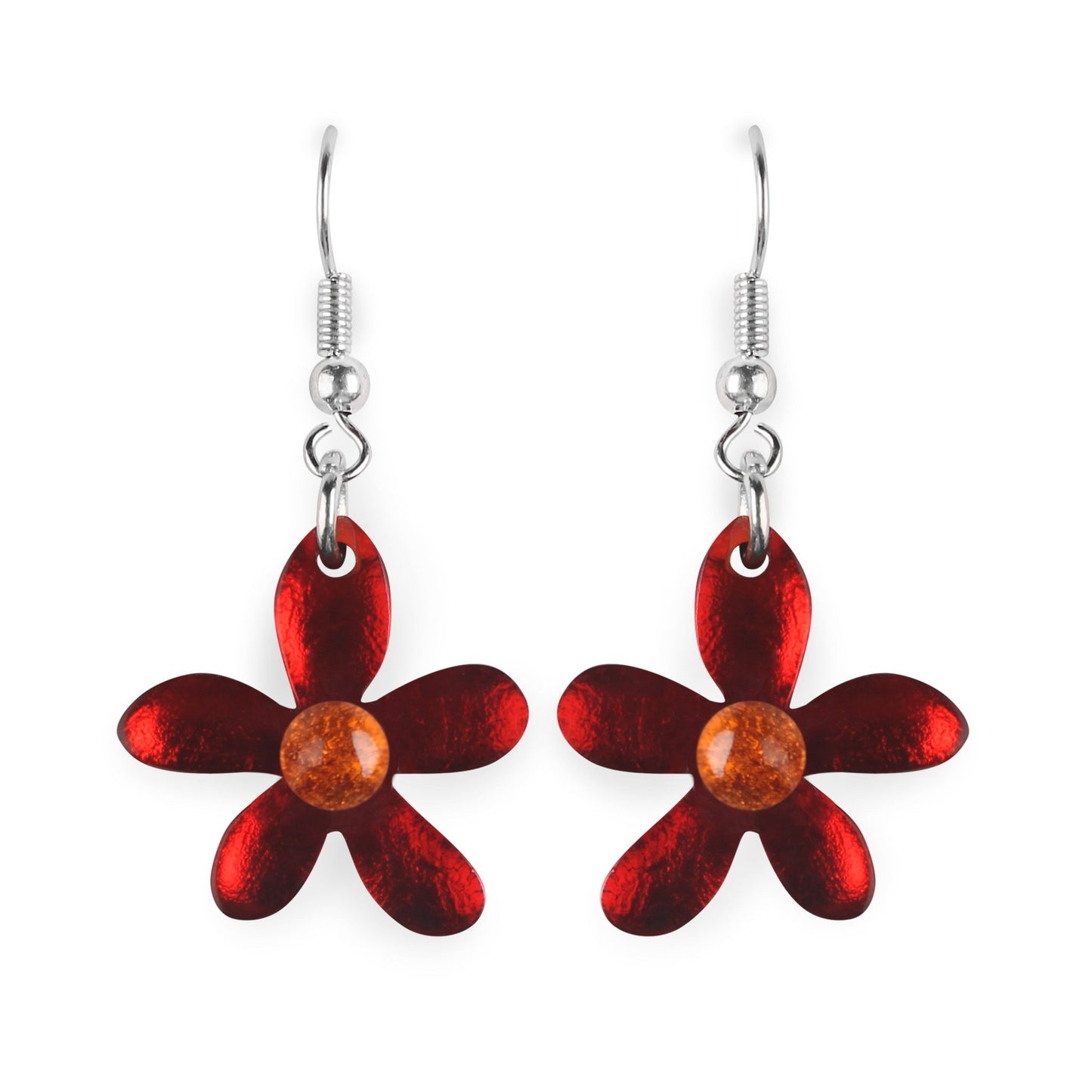 Red Flower Shiny Fish Hook Earrings | The Jewellery Stop