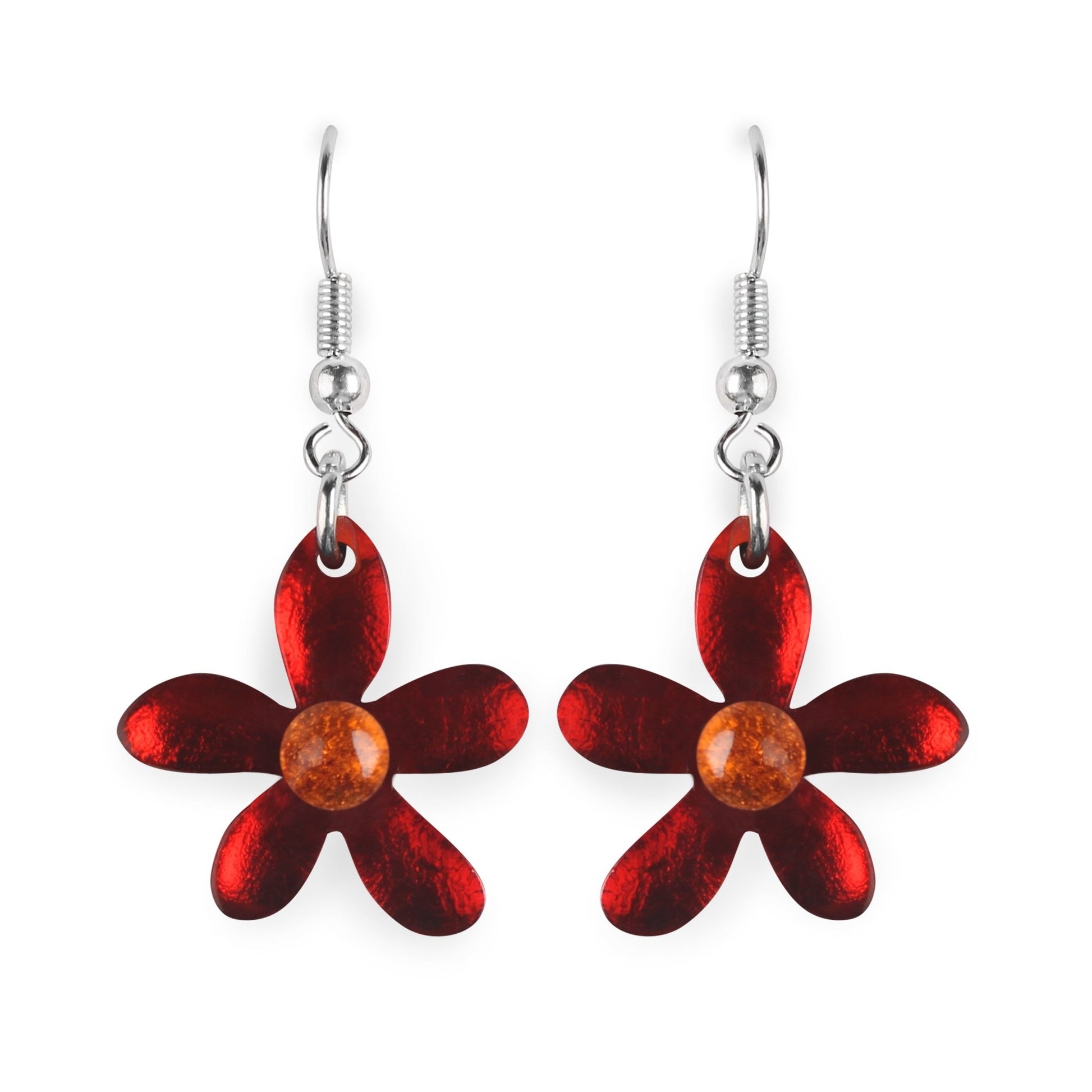 Red Flower Shiny Fish Hook Earrings | The Jewellery Stop