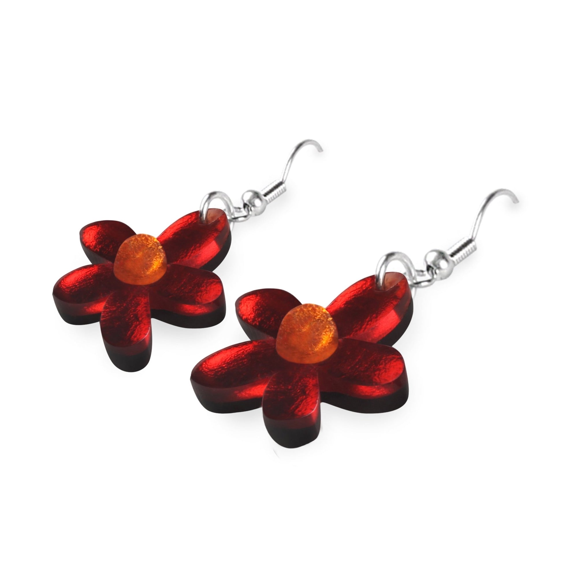 Red Flower Shiny Fish Hook Earrings | The Jewellery Stop