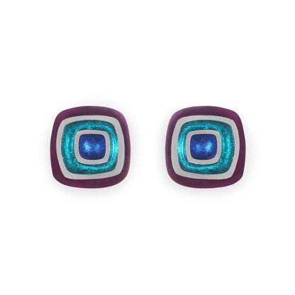 Peacock Abstract Squares Shiny Clip Earrings | The Jewellery Stop