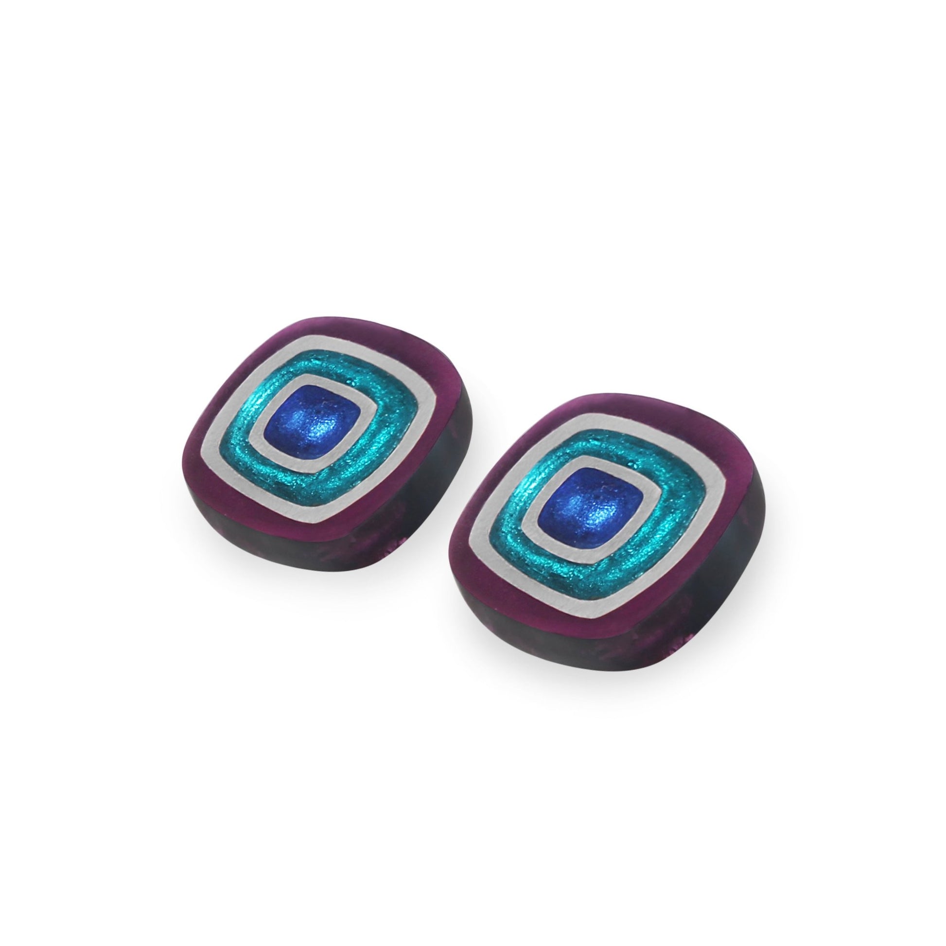 Peacock Abstract Squares Shiny Clip Earrings | The Jewellery Stop