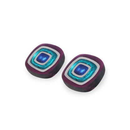 Peacock Abstract Squares Shiny Clip Earrings | The Jewellery Stop