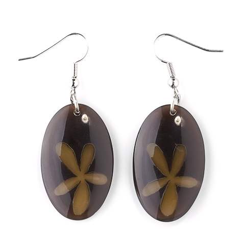 Brown Flower Oval Inlay Fish Hook Earrings | The Jewellery Stop