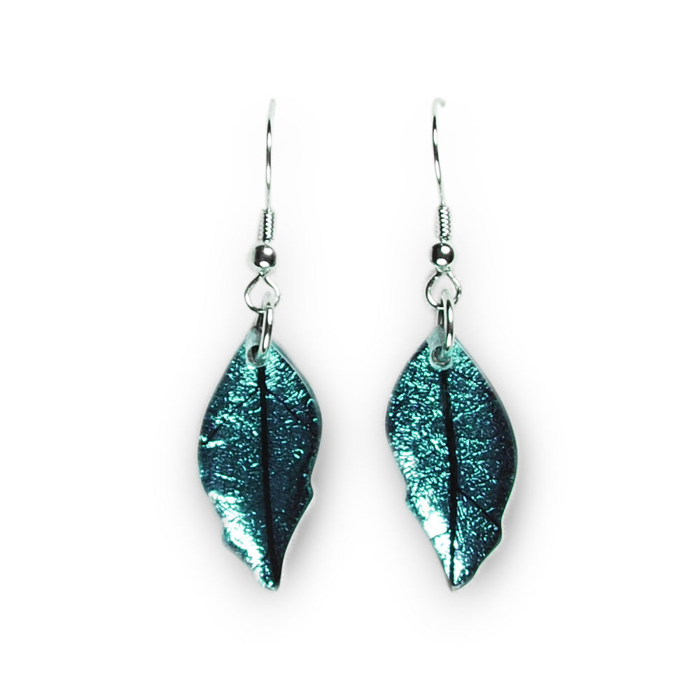 Aqua Skeletal Leaf Fish Hook Earrings