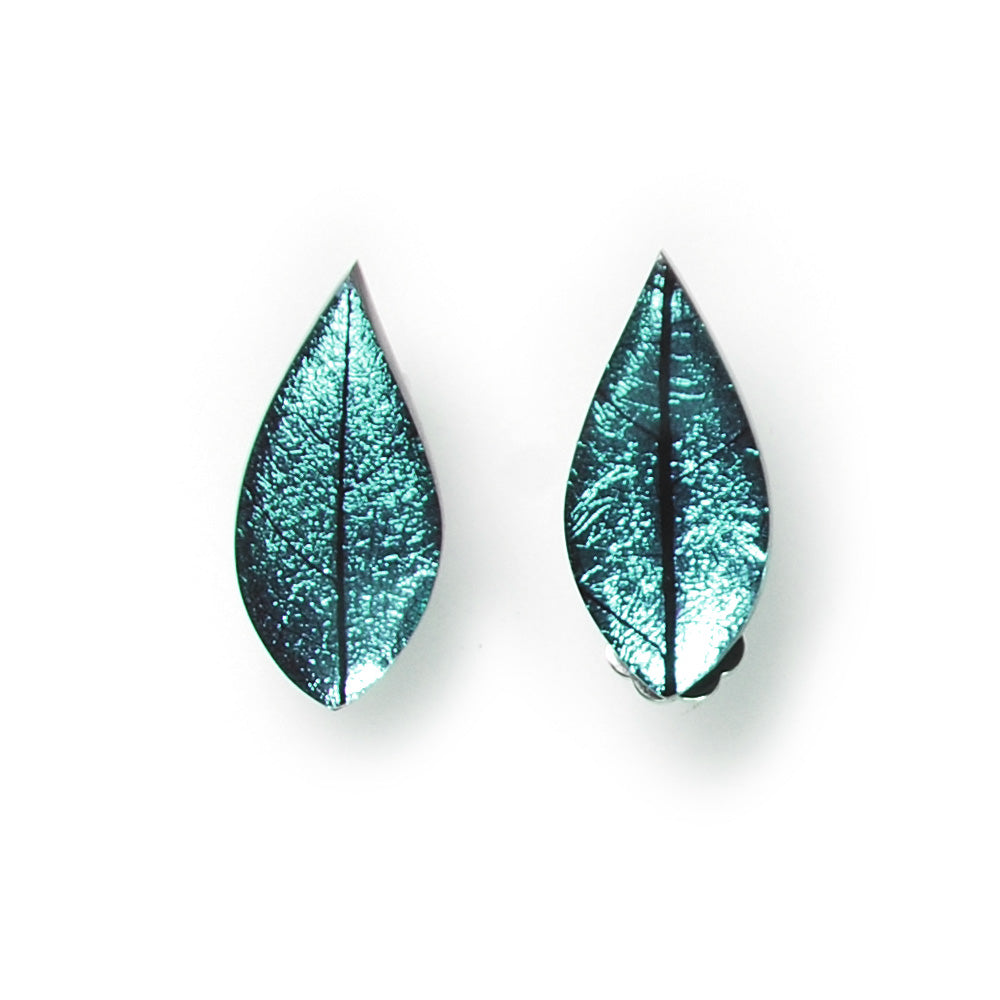Aqua Skeletal Leaf Clip Earrings