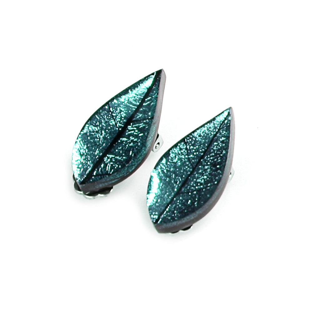 Aqua Skeletal Leaf Clip Earrings