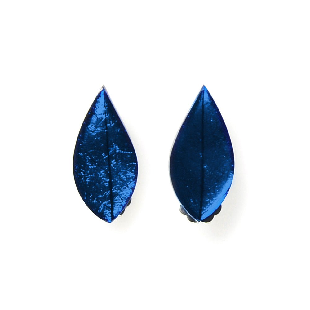 Navy Skeletal Leaf Clip Earrings | The Jewellery Stop