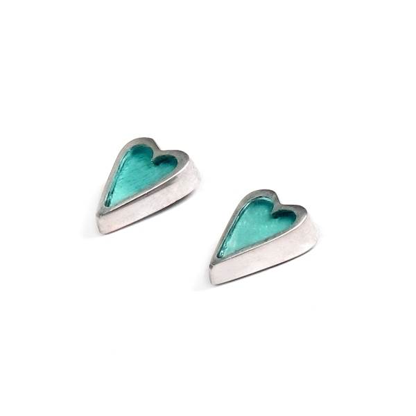 Aqua Sliced Pewter Heart Stud Earrings