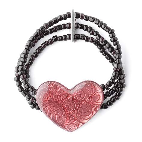 Pink Peacock Heart Bracelet on Black Beads