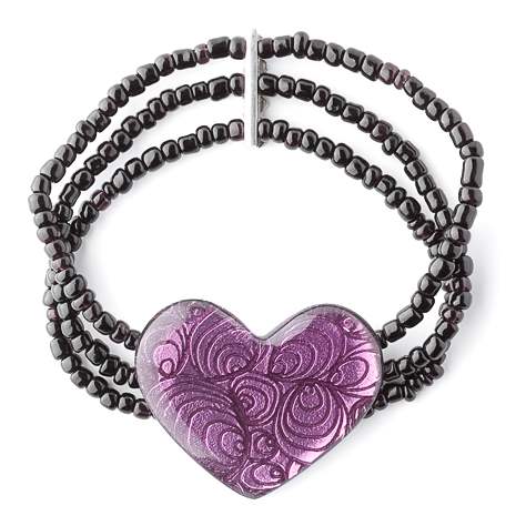 Purple Peacock Heart Bracelet on Black Beads