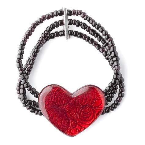 Red Peacock Heart Bracelet on Black Beads | The Jewellery Stop