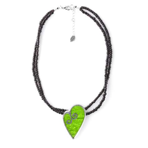 Green Filigree Heart Pendant on Glass Beads