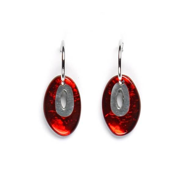 Red Oval Pewter Creole Earrings | The Jewellery Stop