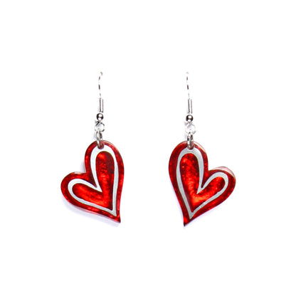 Red Linear Heart Fish Hook Earrings | The Jewellery Stop