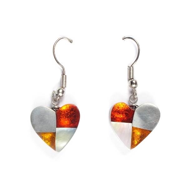 Orange Mosaic Heart Fish Hook Earrings