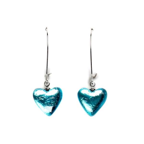 Aqua Heart Long Hook Earrings