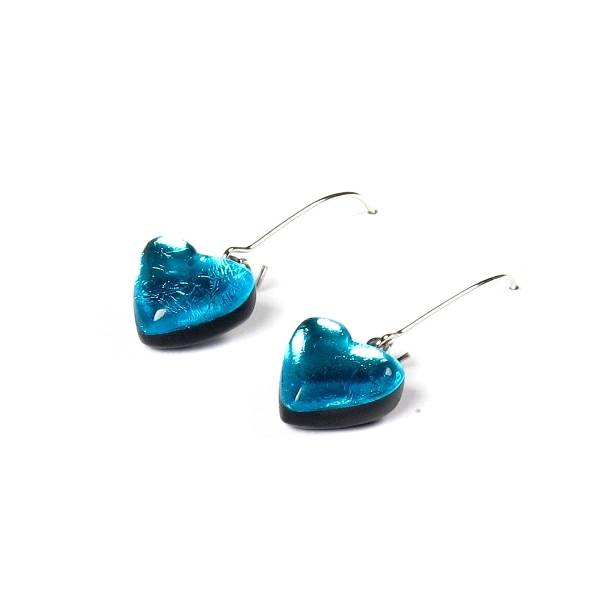 Aqua Heart Long Hook Earrings