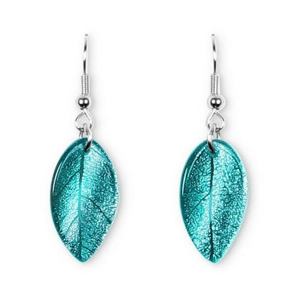 Teal Curved Leaf Fish Hook Earrings | The Jewellery Stop