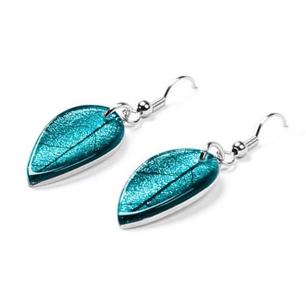 Teal Curved Leaf Fish Hook Earrings | The Jewellery Stop