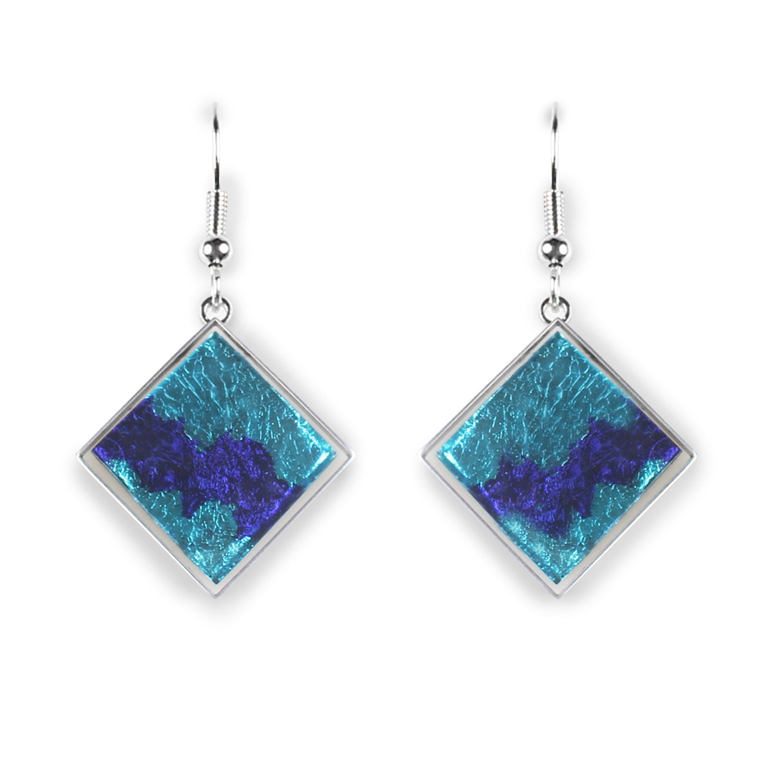 Peacock Stained Glass Square Fish Hook Earrings | The Jewellery Stop