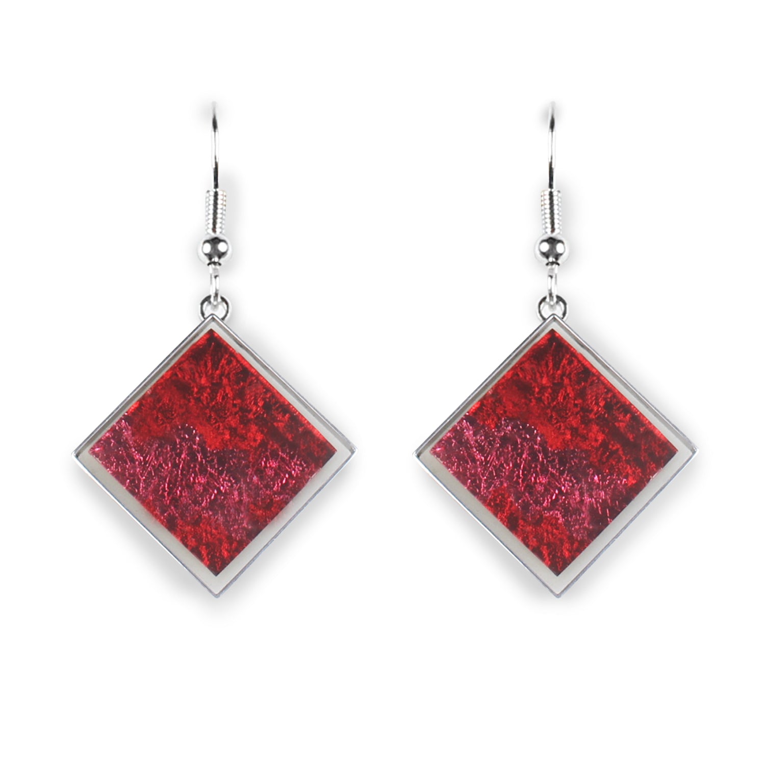 Red Stained Glass Square Fish Hook Earrings | The Jewellery Stop