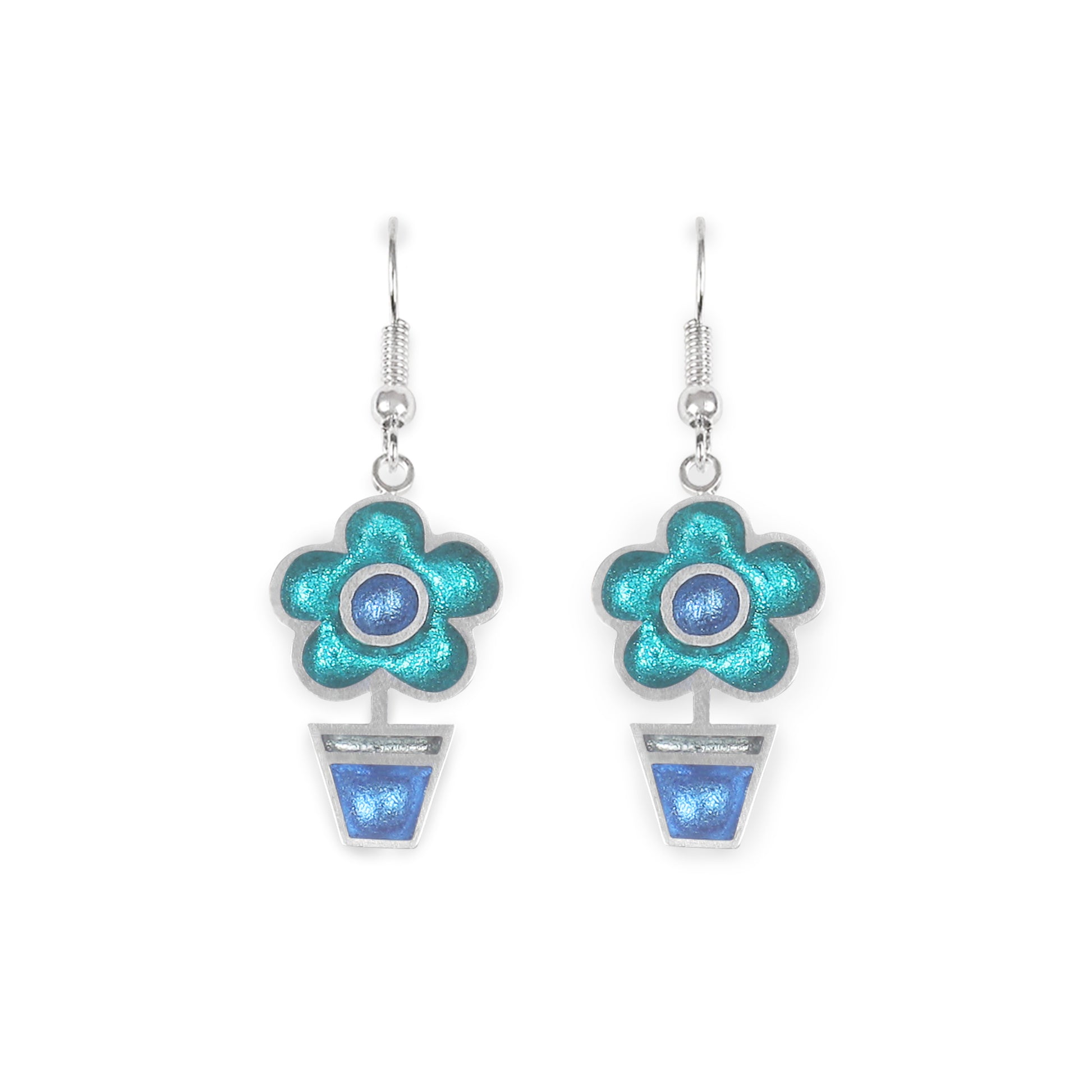 Teal Flower Pot Fish Hook Earrings | The Jewellery Stop