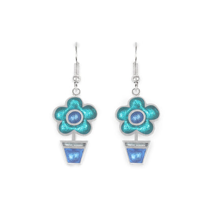 Teal Flower Pot Fish Hook Earrings | The Jewellery Stop